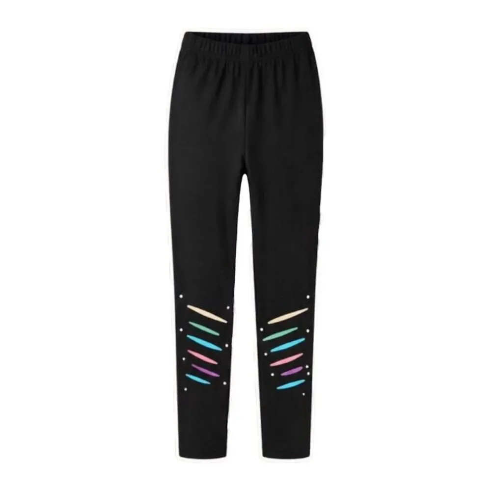 New Active Girls 12 Years Black Leggings Rainbow Stripe Detail